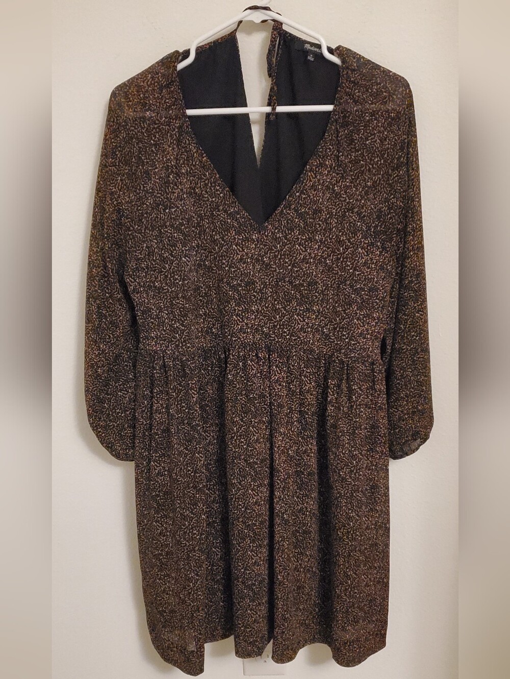 Madewell Crinkle Georgette Brown Speckled V-Neck Long Sleeve Babydoll Dress
